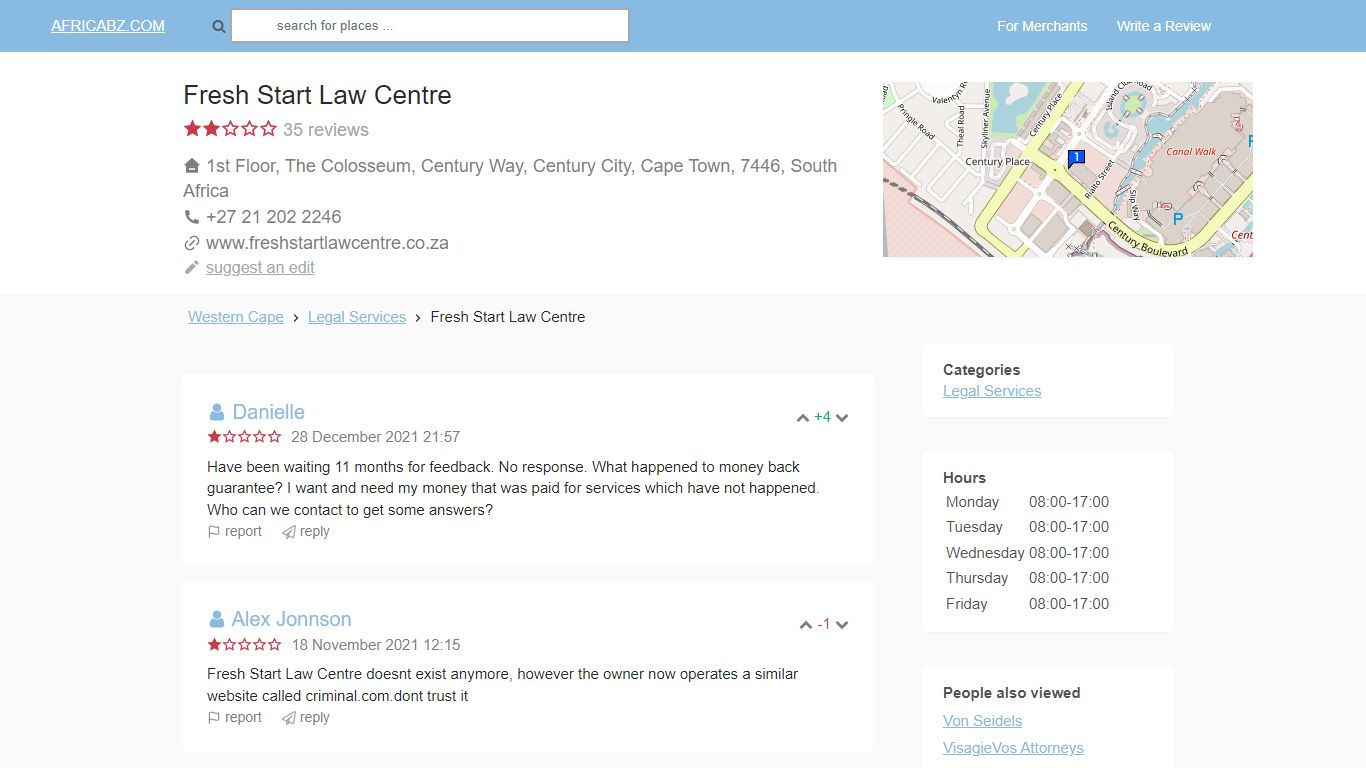 Fresh Start Law Centre, 1st Floor, The Colosseum, phone +27 21 202 2246